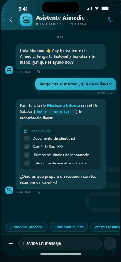Chat con el asistente AIMEDIC: preparación de una cita con lista de documentos