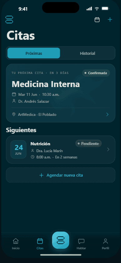 Pantalla de citas: próxima cita de Medicina Interna confirmada y agendar nueva cita