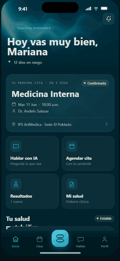 Pantalla de inicio de la app AIMEDIC: próxima cita confirmada, hablar con la IA, agendar cita, resultados e historia clínica