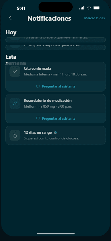 Notificaciones de la app: cita confirmada, recordatorio de medicación y logro de 12 días en rango
